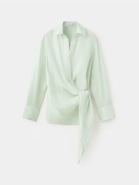 Mango Satin Wrap Blouse Mint Green Long Sleeve Minimalist